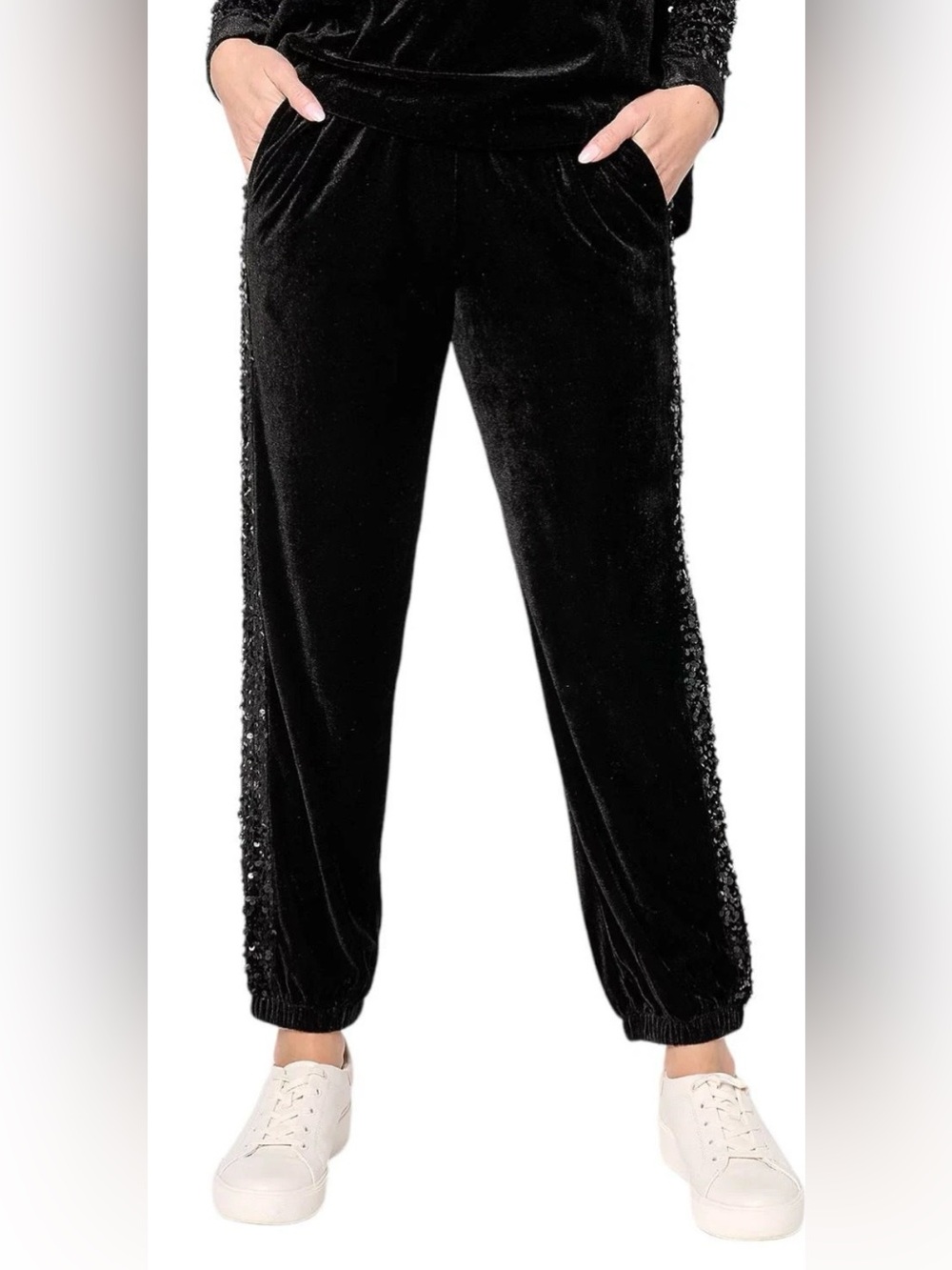 LOGO Lavish by Lori Goldstein velvet sequin stripe joggers in black